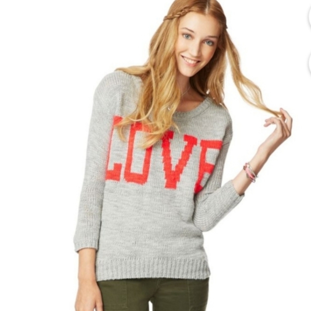 Aeropostale Gray and Red Crew Neck Sweater with LOVE Design